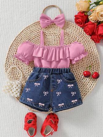 2pcs/Set Baby Girls' Fashion Casual Denim Outfit With Bow Decor