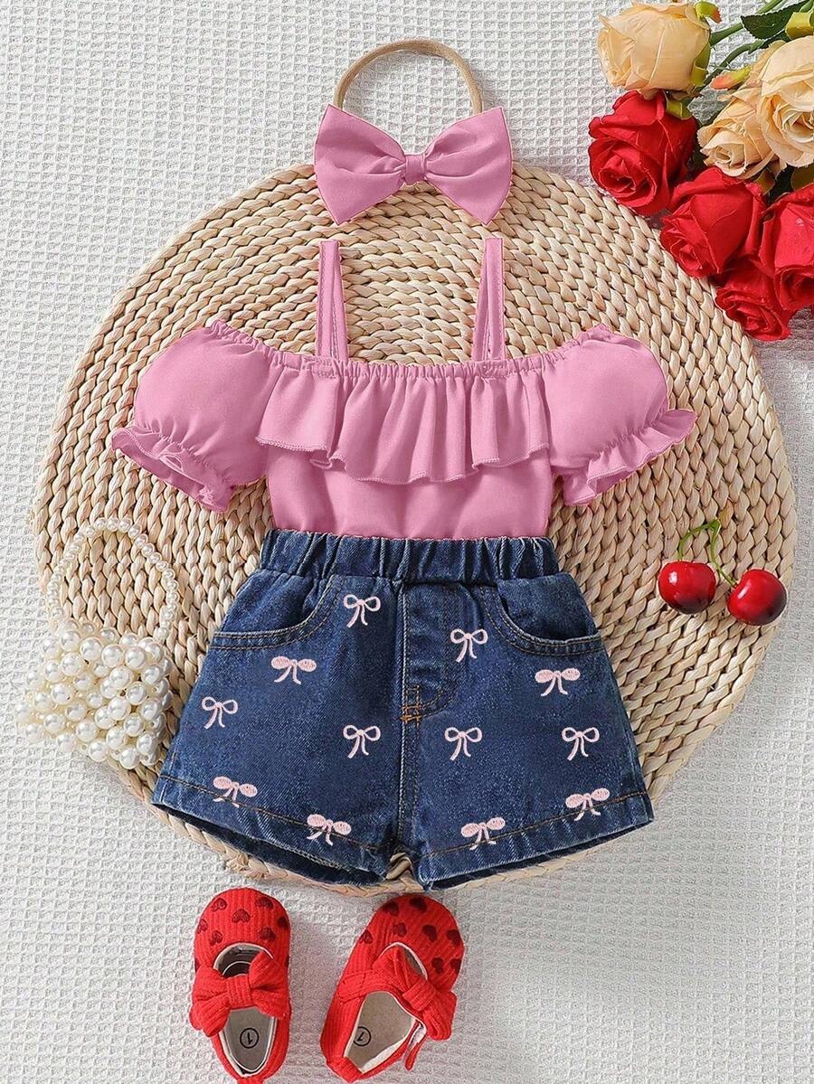 2pcs/Set Baby Girls' Fashion Casual Denim Outfit With Bow Decor - Pink - View 1