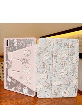 1 pezzo di Custodia trasparente in acrilico con stampa colorata a doppia faccia con fiore e coniglietto, compatibile con Huawei, iPad, tablet, con slot per penna e funzione di attivazione/sospensione