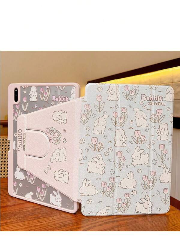 1 pezzo di Custodia trasparente in acrilico con stampa colorata a doppia faccia con fiore e coniglietto, compatibile con Huawei, iPad, tablet, con slot per penna e funzione di attivazione/sospensione