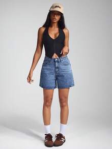 Jeanoix 女式休闲牛仔短裤（带口袋） - 中等水洗藍 - 查看 5