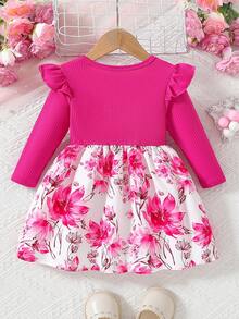 Infant Girls' Cute Bee & Bow Print Round Neck Knee-Length Fashion Comfortable Dress, Autumn - Pink - View 2