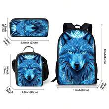 Wolf Pattern Printed Backpack Three Pieces Set (Single-Layer Backpack + Shoulder Strap Lunch Bag + Single-Layer Pencil Bag) Bag For School College - Black - View 2