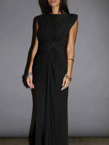 女士夏季无袖拼接修身长裙性感优雅派对礼服舞会礼服婚礼黑色春季 - 黑色 - 查看 2