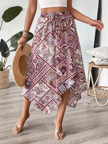 Women's Elegant Long Asymmetric Hem Front Slit Skirt, Bohemian Tie-Waist Design And Paisley Print, High Waist A-Line Skirt, 2025 New Arrival - Color - View 3