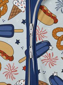 Baby Bamboo Fiber Zip-Up, 4th Of July Hot Dog Ice Cream Print Short Sleeve Romper, Summer Knit Fabric Skinny Fit With Zipper Detail, Boy Baby Girl Clothes, Perfect For Outdoor - 淺藍色 - 查看 6