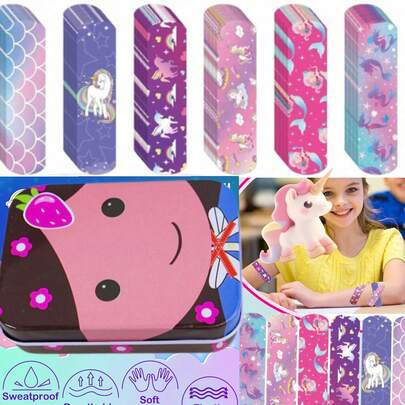 50/36/30/20 片装，包含 6 片独立包装的透气创可贴，柔软舒适，色彩鲜艳，印有可爱的卡通独角兽图案，防水。可选铁盒包装或独立包装。适用于手足护理，经久耐用，也可作为身体防护贴使用！设计可爱，也适合派对装饰。