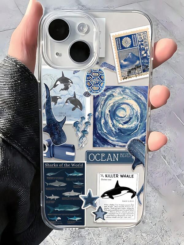 1pc Ocean Elements Whale, Jellyfish, Turtle Collage Design Transparent TPU Anti-Fingerprint Phone Case Compatible With IPhone 16 ProMax/16/16 Pro/16 Plus, 11, 15/15 Pro/15 ProMax, 12, 13/14 ProMax, XS/XR, 11 Pro/11 ProMax, 12 Pro/12 ProMax, 13 Pro/13 ProMax, 7 Plus, 14 Pro/14 ProMax/14 Plus, 7 Plus, 8 Plus, 8, SE2, 12 Mini, 13 Mini, Non-Yellowing Soft Shell
