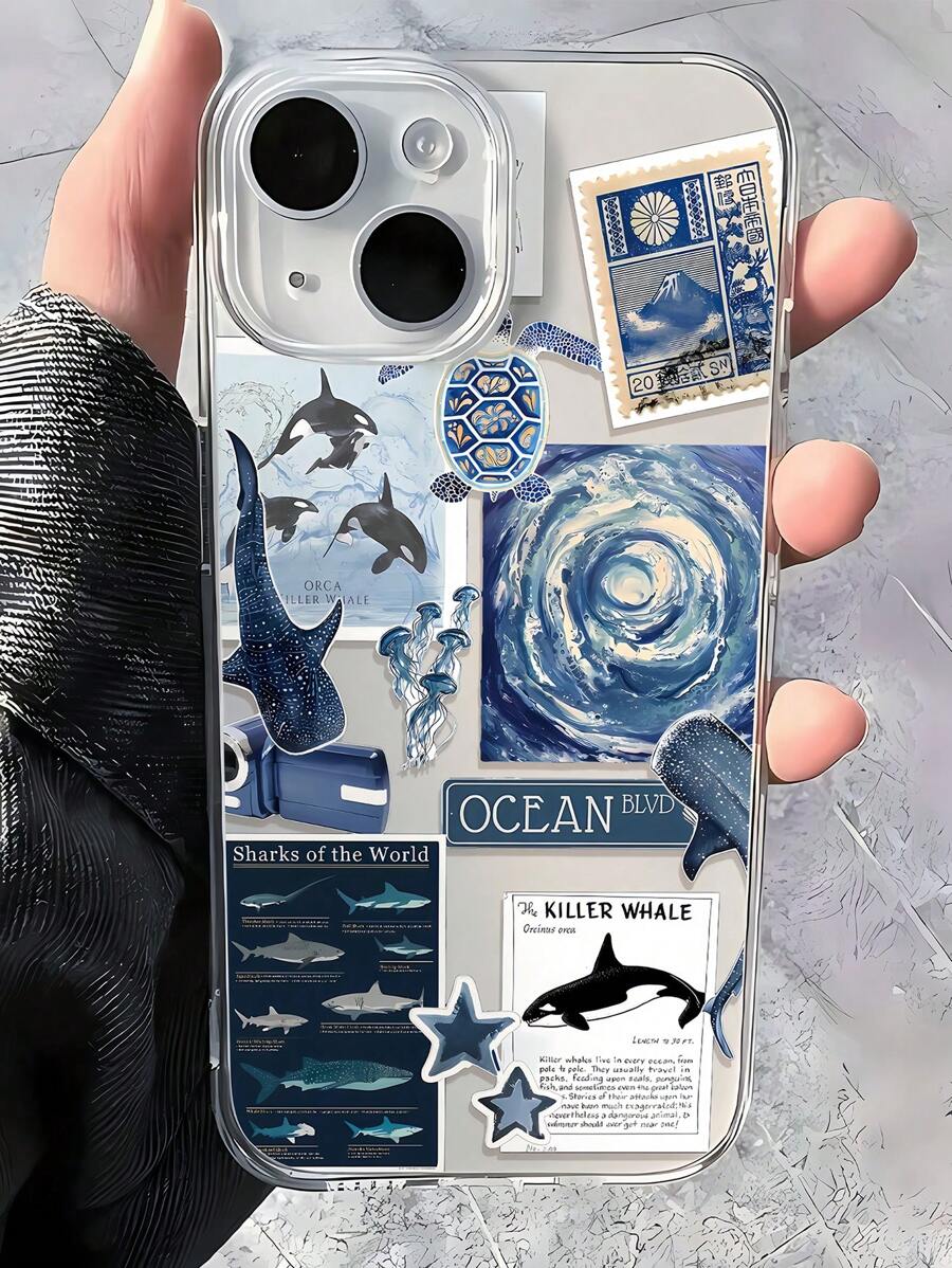1pc Ocean Elements Whale, Jellyfish, Turtle Collage Design Transparent TPU Anti-Fingerprint Phone Case Compatible With IPhone 16 ProMax/16/16 Pro/16 Plus, 11, 15/15 Pro/15 ProMax, 12, 13/14 ProMax, XS/XR, 11 Pro/11 ProMax, 12 Pro/12 ProMax, 13 Pro/13 ProMax, 7 Plus, 14 Pro/14 ProMax/14 Plus, 7 Plus, 8 Plus, 8, SE2, 12 Mini, 13 Mini, Non-Yellowing Soft Shell