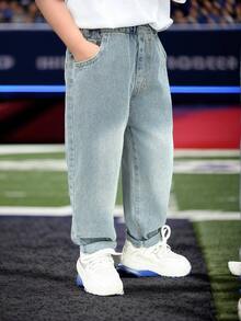 Young Boy Cartoon Embroidery Loose Fit Casual Jeans Pants, All Season