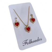 Set Of Chain With Pendant + Gold Plated Earring Heart Stones Studs Latest Release - 紅色 - 查看 1