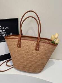 Dedoo 时尚大容量编织托特包，新款沙滩度假单肩腋下草编大包，吸睛沙滩包夏季，夏季女士草编沙滩包 - 卡其色 - 查看 4