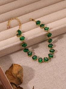 Pulseira elíptica de aço inoxidável 18K com pedra de zircônia para mulheres, design minimalista e luxuoso, leve, adequada para festas, encontros e trajes de escritório