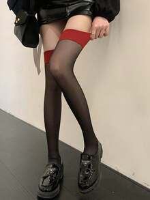 1 Pair Black Thigh High Stockings For Women, Sexy Skinny Fit With Red Edge, Non-Ladder, Thin Sheer Stockings For Summer, Fashionable - Black - View 11