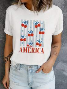 Dames 1 Cherry And Star Stripe America Print Katoenen T-shirt met Patriottische Strik Grafische Leuke Retro Stijl T-shirt voor 4 juli Zomeroutfit