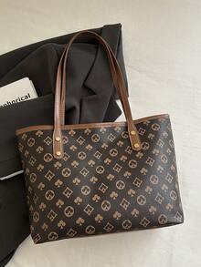 经典图案女士手提包，大容量单肩包，时尚工作包，配有小零钱包 - 咖啡 - 查看 1