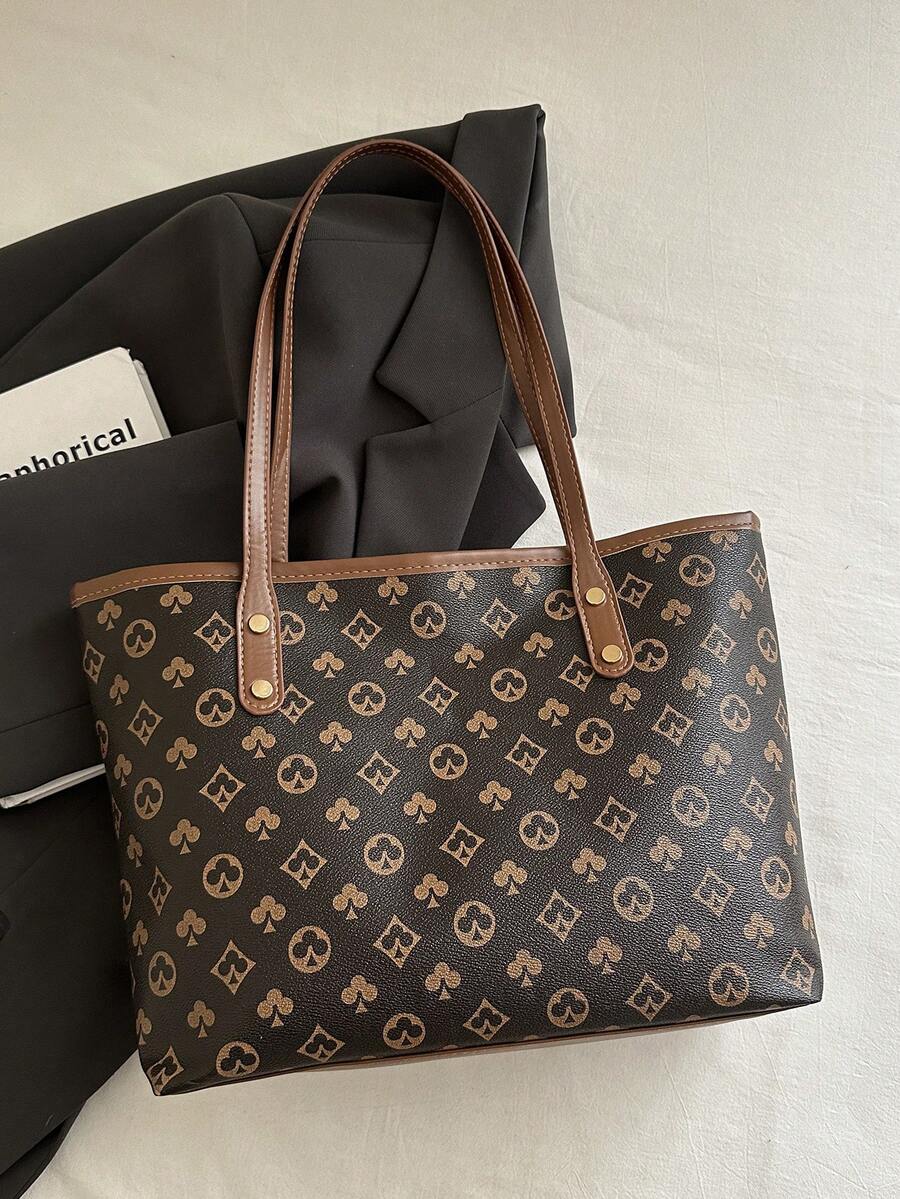 经典图案女士手提包，大容量单肩包，时尚工作包，配有小零钱包 - 咖啡 - 查看 1