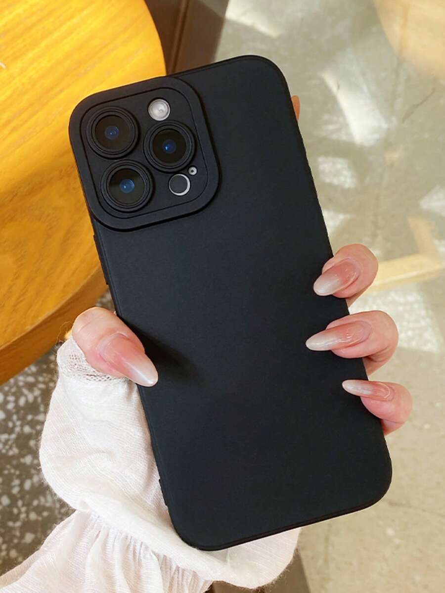 Niche Fashion Simple Solid Color Mobile Phone Case Suitable For IPhone16pro 17air 17pro 15promax 14plus 16e 13mini 12pro 11promax X Xs Xsmax Men's And Women's Full-Cover Anti-Fall Soft Shell Protective Shell Compatible With Apple - 黑色 - 查看 1