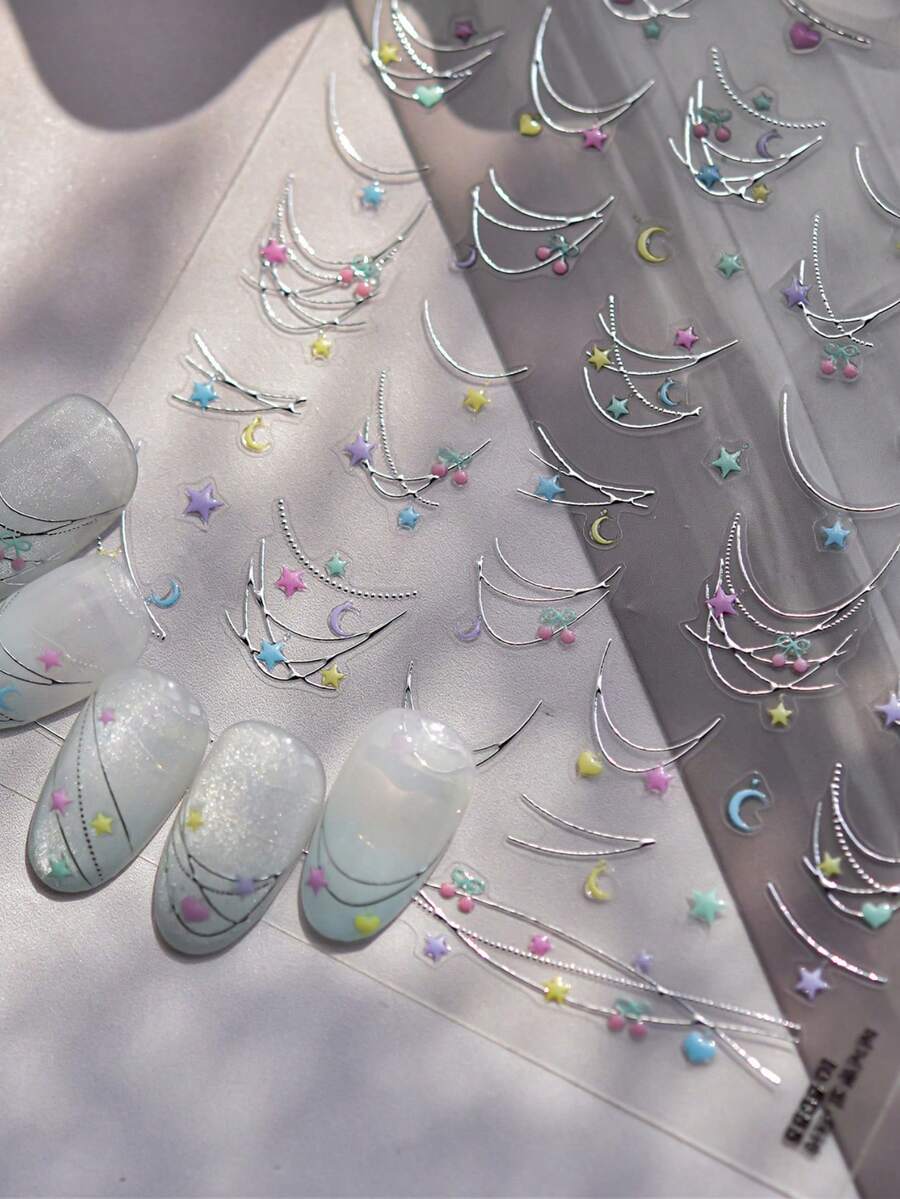 1pc Jelly Color Star & Moon Curve Necklace, Hanging In Starry Sky, Heart-Shaped Starry Night Self-Adhesive DIY Nail Sticker, Nail Repair Sticker - Multicolor - View 1