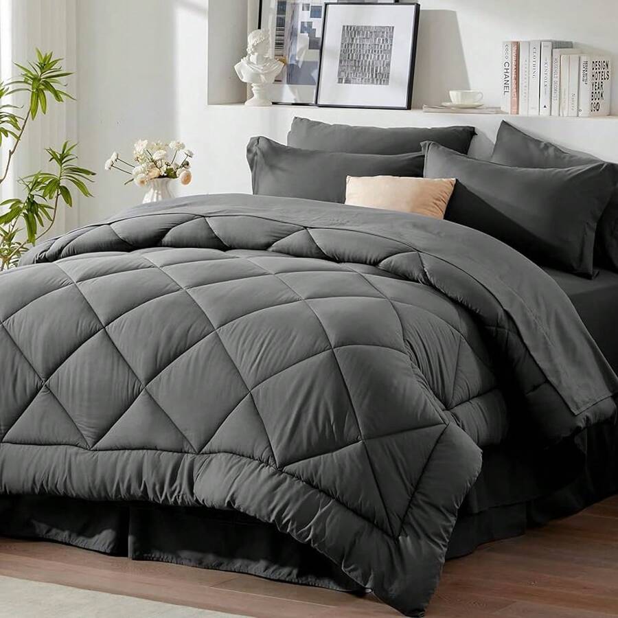 Newspin Queen Bed In A Bag 8 Pieces Comforter Set, Black All Season Bed Set, Queen Bedding Sets With Comforter And Sheets, Pillow Shams, Flat Sheet, Fitted Sheet, Pillowcases And Bed Skirt - 深灰色 - 查看 1