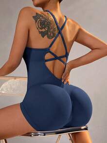 Sexy Fitness Jumpsuit Women Cross Adjustable Sports Playsuit Running One Piece Yoga Suit Scrunch Shorts Backless Set Romper Shapewear Jumpsuit - Navy Blue - View 6