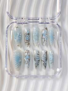 1 盒 10 件杏仁形指甲，蓝白渐变设计，蝴蝶、花朵和金属纹理 3D 装饰，半手工指甲贴纸套装，含指甲锉和凝胶胶，适合所有女性展现优雅梦幻风格，适合日常、节日和派对场合，为指尖增添艺术魅力按压指甲美甲用品指甲 - 彩色 - 查看 3