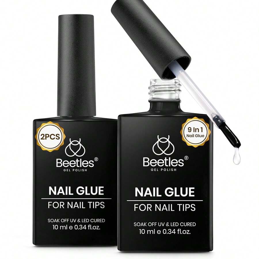 9 In 1 Gel Nail Glue For Acrylic Nails Tips, 2 Pcs 10ml Super Strong Nail Glue For Clear False Nails Tips Base Coat Rhinestones Blooming Art Gel Long Lasting U V Light Cure