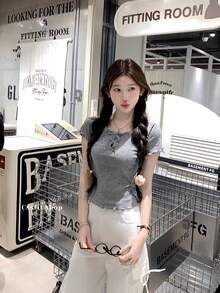 Women's Summer Round Neck Hollow Out Bow Dot Print Cotton Short Sleeve Shirt, Youthful