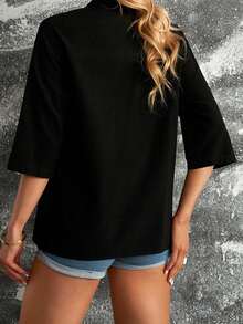 Women Solid Color Shirts Elbow Sleeve Buttons Stand Collar Blouses Summer Loose Casual Tops Streetwear - Negro - Ver 3