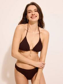 Costasola 2 peças/conjunto Mulheres Verão Praia Cor Sólida Halter Amarrar Maiô Bikini Sexy Maiô - Café - Visão 5