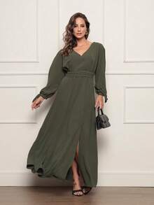 FASHION MIX PREMIUM Elegant Long Dress With Slit Long Sleeves With Tie With V-Neckline And Waist Adjustment Plus Size Women's Fits 38 To 44 - 軍綠色 - 查看 3