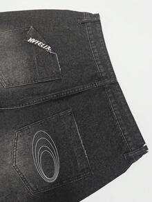 Pantalones cortos vaqueros estadounidenses vintage, silueta holgada de pierna recta, acabado desgastado lavado, para primavera/verano - Negro - Ver 7