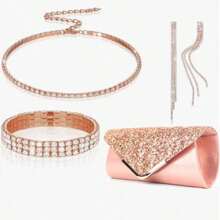 4 Pieces Women Rhinestone Jewelry Set Bling Necklace Earrings Bracelets Set For Wedding Clutch Purses Bag For Women Evening Bag Bling Glitter Elegant V-Shaped Flap Envelope Clutch Bag Wedding Party Bridal Purse