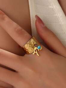 1pc Fashionable Stainless Steel 26 A-Z Initial Letter Ring For Women Heart Charms Initial Alphabet Couple Ring Open Ring Letter Design Rings Jewelry Gifts - Ring - View 1