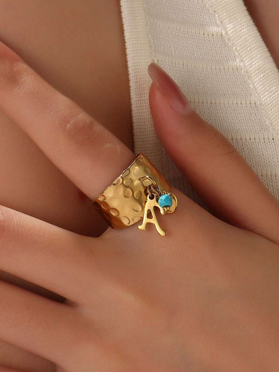 1pc Fashionable Stainless Steel 26 A-Z Initial Letter Ring For Women Heart Charms Initial Alphabet Couple Ring Open Ring Letter Design Rings Jewelry Gifts - Ring - View 1