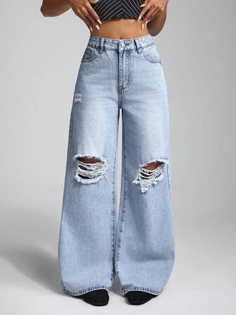 Jeanoix 高腰斜口袋休闲破洞阔腿牛仔裤