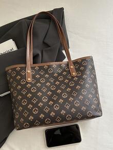 经典图案女士手提包，大容量单肩包，时尚工作包，配有小零钱包 - 咖啡 - 查看 7