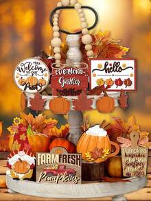 13 件/套 Hello Fall 木制分层托盘装饰品，适用于秋季节日感恩节派对桌面装饰，乡村风格欢迎南瓜迷你木制标牌，适用于农舍餐桌装饰（不含托盘），圣诞节 - 彩色 - 查看 1