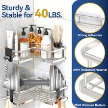 5 件装转角淋浴架，粘贴式淋浴收纳架，防锈不锈钢淋浴架，带 8 个挂钩，无需钻孔浴室收纳架和储物架，节省空间，适合返校季