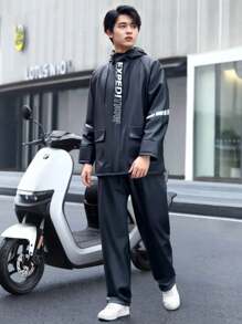 1pc Men's Waterproof Motorcycle Raincoat And Pants Set - Hooded PVC Material, Sport Style, Hand Washable, Letter Printed Raincoat Rain Pants Set Wholesale Women's Takeaway Reflective Waterproof Labor Insurance Split Riding Raincoat Electric Car Raincoat