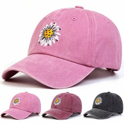 1顶女士雏菊刺绣水洗棒球帽，可调节时尚防晒休闲帽，适合春季、秋季郊游、旅行、海滩、派对等场合。