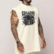 Falling Reverse Rock Dark Art Oversized Cotton Long Sleeve Tank Top - Beige - View 3