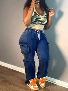 Women's Straight - Leg Denim Jeans: Featuring Drawstring And Multiple Pockets, Suitable For Various Daily Occasions - Rửa tối - Xem 4
