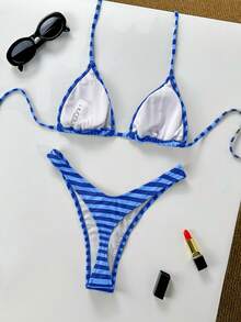 Women Vacation Stripe Printed Basic  Swimwear For Summer Days From Poolside To Beachside, Everyday Mini Triangle Cheeky Bikini Beachwear - 藍色 - 查看 4