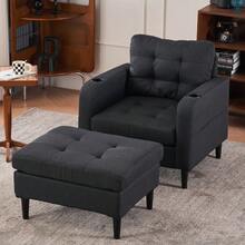 Juego de sillón tapizado en gris oscuro y otomana de almacenamiento - Sofá individual cómodo con portavasos y detalles acolchados, ideal para sala de estar o dormitorio - Gris oscuro + metal + espuma - Ver 9