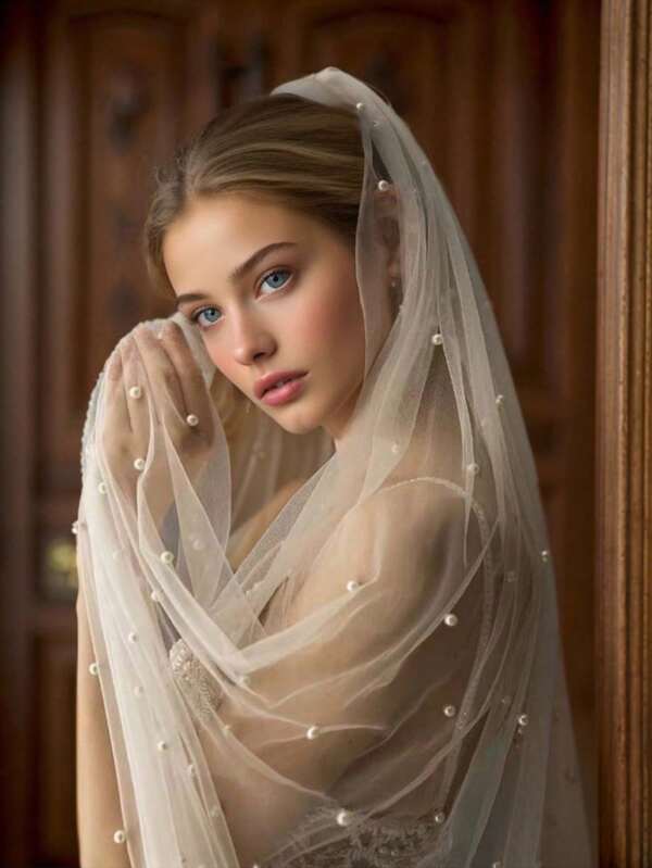 1pc Cathedral Wedding Bridal Veil, Women Thin Mesh Pearl Single Layer Long Trailing Party Veil