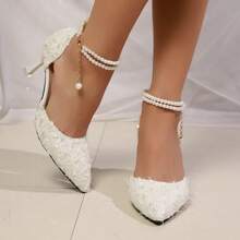 Elegant Pearl Chain Decor Pointed Toe Stiletto Heels, French Romantic Lace Upper Fashionable Women's High Heel Sandals