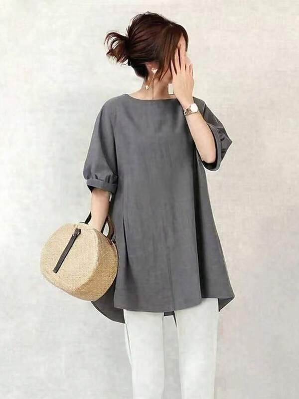 LEBINDY 2025 Summer New Arrivals Women's Short Sleeve Shirt Thin Round Neck Back Button Loose Short Sleeve Shirt Casual
