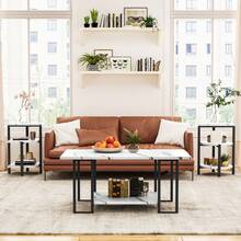 Artificial Imitation Marble Table Set, 1 Coffee Table And 2 Side Tables, Imitation Marble Tabletop And Metal Frame, 3 Table Sets, For Living Room Apartment, White And Black - Black and White - View 6