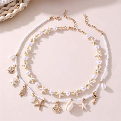 2 件套贝壳和海星串珠项链，适合女孩，适合节日和日常佩戴